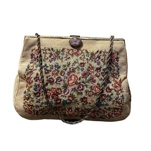 Clutch Purse‎ Vintage Floral Beige Needle Point Tapestry With Small Wallet Gold